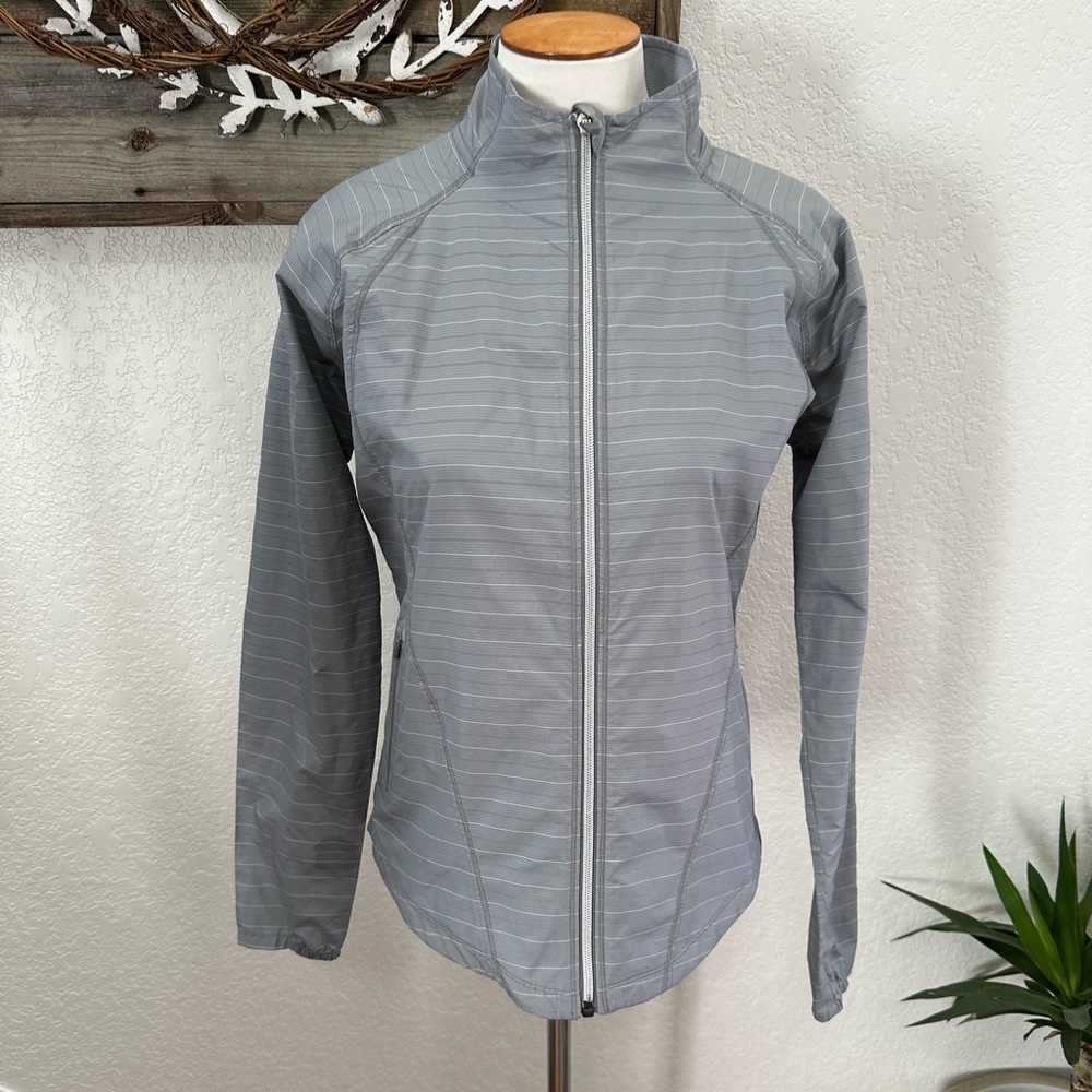 Athleta gray striped windbreaker full zip jacket ladies size Small